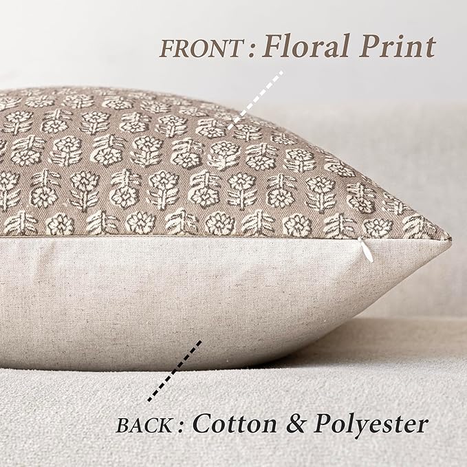 Foindtower Set of 2 Decorative Vintage Floral Print Throw Pillow Covers Neutral Modern Farmhouse Cushion Covers Boho Home Decor for Sofa Chair Couch Bedroom Living Room,18×18 Inch,Tan Taupe