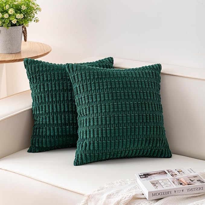 Pack of 2 Corduroy Decorative Throw Pillow Covers 26x26 InchSoft Striped Pillow Covers Modern Farmhouse Home Decor for Sofa Living Room Couch Bed（Blackish Green）