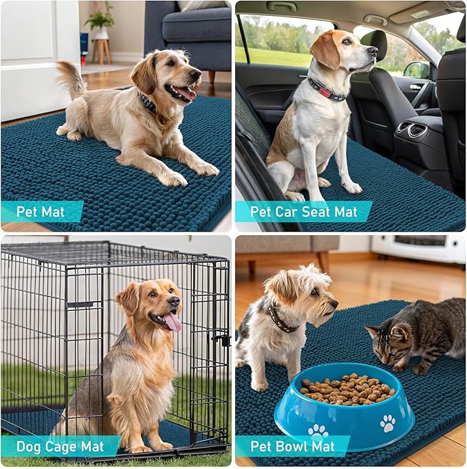 OLANLY Dog Door Mat for Muddy Paws 70x24, Absorbs Moisture and Dirt, Absorbent Non-Slip Washable Doormat, Quick Dry Chenille Mud Mat, Entry Indoor Entryway Carpet for Inside Floor, Atlantic Blue