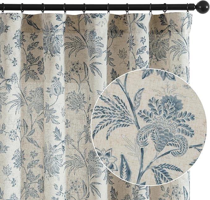 jinchan Linen Floral Curtains for Living Room with Printed Flower 108 Inches Long Light Filtering Extra Long Back Tab Rod Pocket Blue Window Curtain Set Farmhouse Drapes, 2 Panels Blue