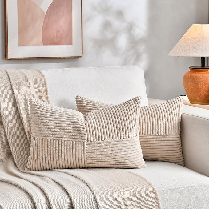 Fancy Homi 2 Packs Tan Lumbar Decorative Throw Pillow Covers 20x28 Inch for Living Room Couch Bed Sofa, Boho Home Decor, Soft Striped Corduroy Rectangle Accent Beige Cushion Case 50x70 cm