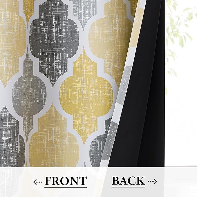 Beauoop 100% Blackout Curtains 96 Inches Long 2 Panels for Bedroom Living Room Yellow Grey Moroccan Geo Room Darkening Thermal Insulated Soundproof Rod Pocket Back Tab Window Treatments Drapes, 50x96