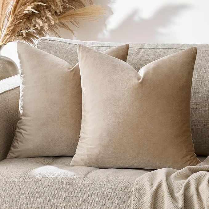 GIGIZAZA Decorative Throw Pillow Covers 16x16,Set of 2 Taupe Square Couch Pillow Covers,Velvet Sofa Boho Cushion Pillows