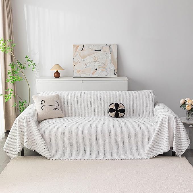MYSKY HOME Couch Covers for 3 Cushion Couch Sofa, Sectional Couch Cover L Shape Chenille Couch Cushion Covers for Pets, Furniture Protector Cover for Dogs, Kids, 91"X150", White
