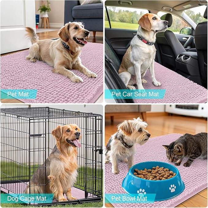 OLANLY Dog Door Mat for Muddy Paws 47x32, Absorbs Moisture and Dirt, Absorbent Non-Slip Washable Doormat, Quick Dry Chenille Mud Mat for Dogs, Entry Indoor Entryway Carpet for Inside Floor, Dusty Rose
