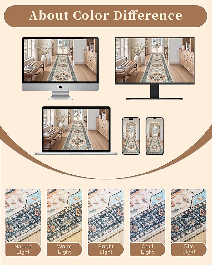Madane Washable Runner Rug - 2x6 Rug Runners for Hallways 6 Foot Non Slip Vintage Kitchen Runner Rug Ultra-Thin Bathroom Runner Rugs Carpet Laundry Room Bedroom (2x6ft, Orange/Blue)