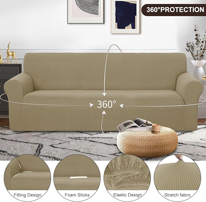 U-NICE HOME 4 Seater Stretch Couch Cover Sofa Cover Washable Sofa Slipcover Furniture Protector for 3 Cushion Couch Sofa Pet Friendly, Sand