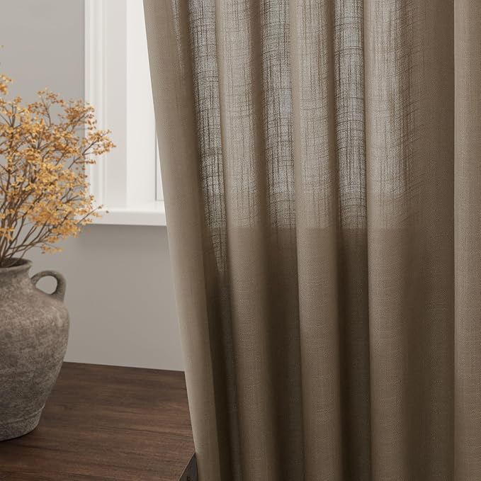 Dark Taupe Linen Curtains 84 Inch Length 2 Panels for Bedroom Back Tab Pocket Semi Sheer Light Filtering Curtains Burlap Textured Farmhouse Curtain for Living Room Dining Room Aesthetic Decor 40x84