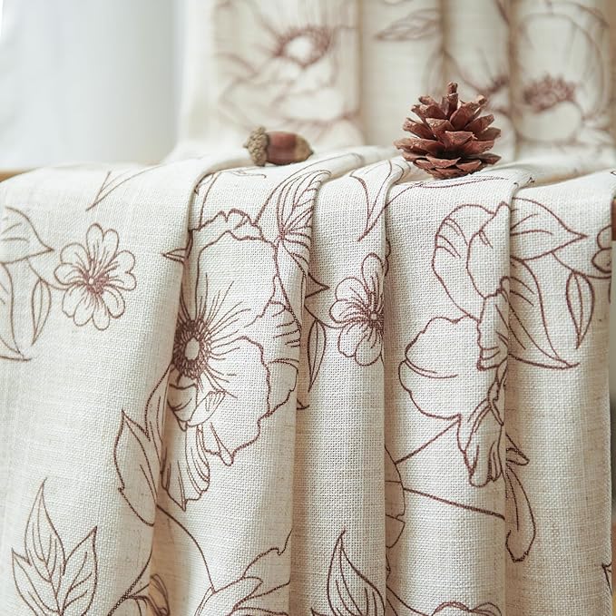 jinchan Floral Linen Curtains for Living Room 84 Inch Length Brown Flower Curtain Rod Pocket Back Tab Farmhouse Curtains with Printed Floral Bedroom Window Curtain Set, 2 Panels Brown