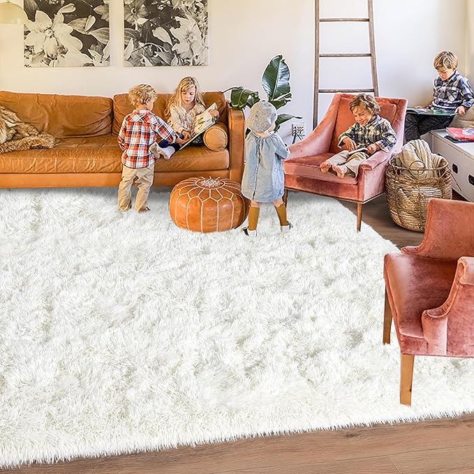 Rugs for Living Room 9x12, Soft Shaggy Modern Shag Area Rug for Bedroom, Upgrade Non-Slip Plush Fluffy Carpet for Kids Boys Girls Room Home Decor Aesthetic, Cream White