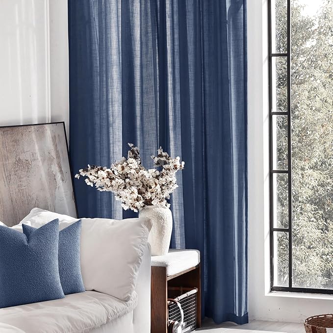 Navy Blue Curtains 120 inch Length for Bedroom Back Tab Light Filtering Semi Sheer Blue Living Room Curtains Linen Cotton Textured Indigo Blue Drapery Panel Modern Aesthetic Decor 60" Wx120" L