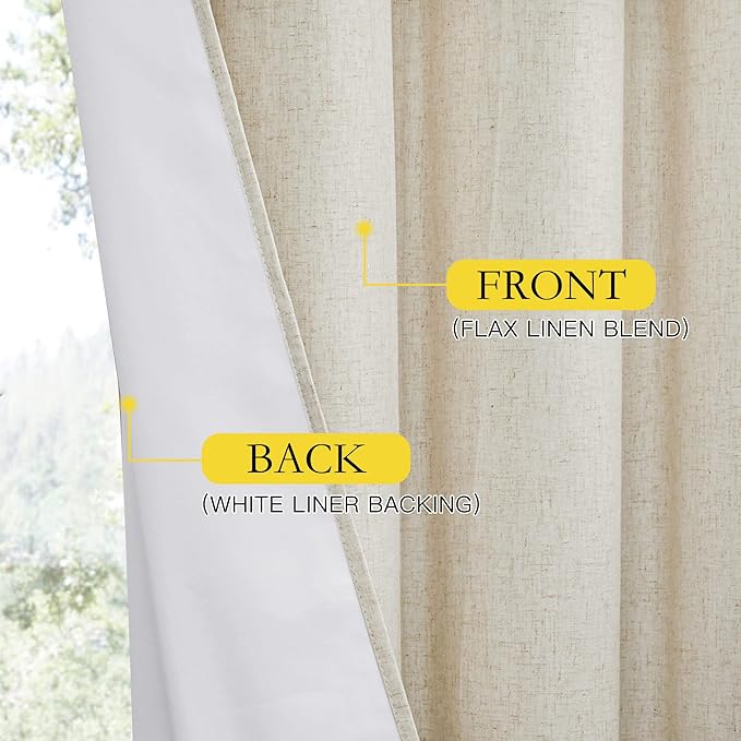 NICETOWN Natural Linen Curtains 45" Long with Noise Reducing for Small Window, 52" Wide, 2 PCs, Complete Blackout Drapes, Thermal Insulated & Noise Reducing Window Draperies with White Liner