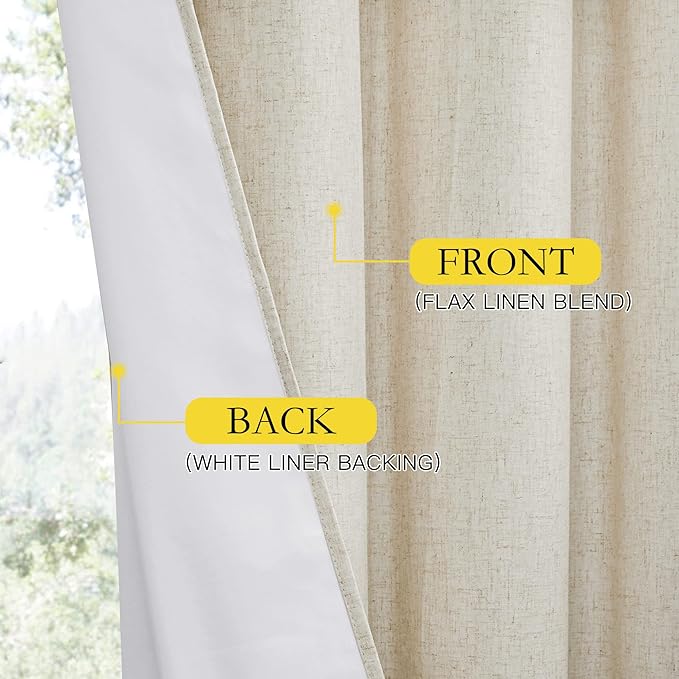 NICETOWN Natural Full Blackout Boho-Chic Linen Curtains 90 inch Long 2 Panels Set for Cafe Window, 34 inch Wide, Thick Linen Blend Drapes, Insulated Window Covers Draperies with White Backing