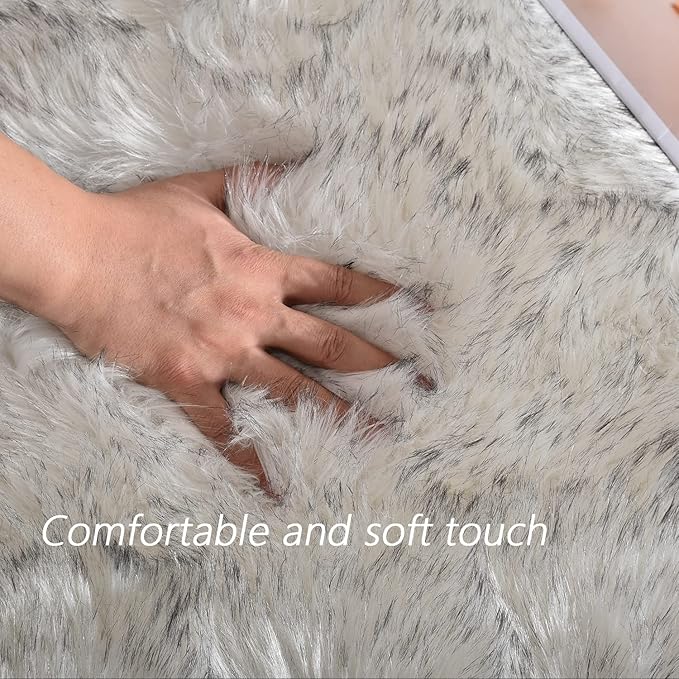 Latepis White with Grey Tips Sheepskin Rugs 4x6, Faux Fur Rug for Living Room, Fluffy Washable Rugs for Bedroom, Teen Room Decor, Rectangle