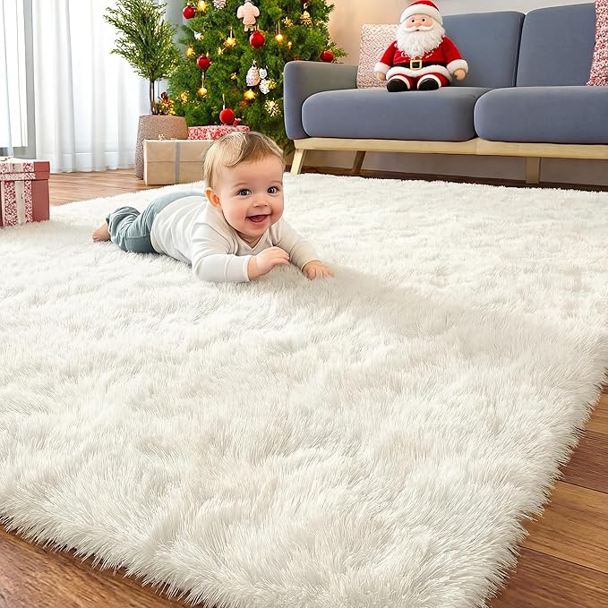 OLANLY 4x8 Area Rugs for Living Room Bedroom, Machine Washable Soft Fluffy Shaggy Bedside Rug, Indoor Floor Carpet for Kids Girls and Boys, Dorms, Nursery Rooms, Home Decor Aesthetic, Ivory