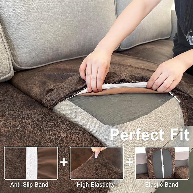 Leather Look Couch Cushion Covers Sofa Seat Slipcovers Sets Couches Furniture Protector for Sectional Armchair Loveseat Pets Kids Stretch Spandex Fabric (1 Cushion Loveseat, Dark Brown)