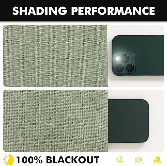 MIULEE 100% Blackout Linen Curtains for Bedroom, Sage Green Solid Luxury Decor Thermal Insulation Room Darkening Drapes for Living Room Nursery Back Tab Rod Pocket 42 x 63 Inches, 2 Panels