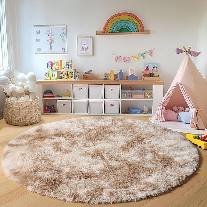ONASAR Tie-Dye Beige Round Area Rug 4ft, Soft Bedroom Circle Rugs Floor Mats for Kids Girls Teen Room, Kawaii Fluffy Plush Shaggy Carpet for Baby Nursery Living Room Playroom Home Decor