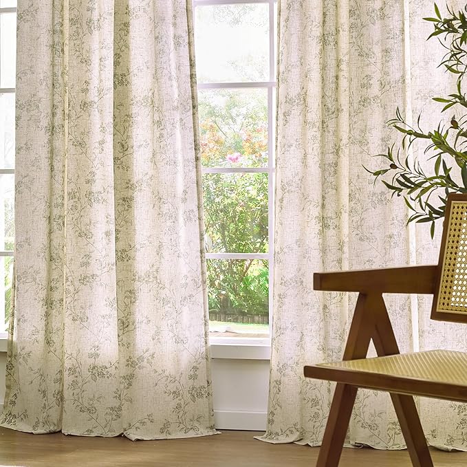 Lazzzy Green Floral Linen Curtains 96 Inch Farmhouse Back Tab Drapes for Living Room Bedroom Light Filtering Vintage Grandmillennial Rod Pocket Curtains, 2 Panels, W38 x L96, Green on Beige