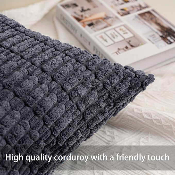 Pack of 2 Corduroy Decorative Throw Pillow Covers 20x20 InchSoft Striped Pillow Covers Modern Farmhouse Home Decor for Sofa Living Room Couch Bed（Dark Grey）