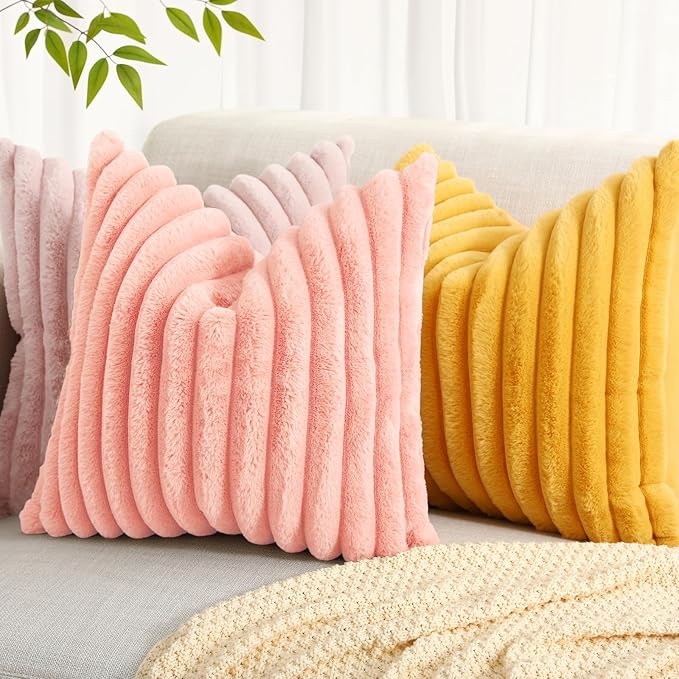 decorUhome Summer Cozy Faux Fur Throw Pillow Covers 18x18 Set of 2 Decorative Plush Striped Modern Farmhouse Boho Couch Pillow Cases with Velvet Back for Sofa Bed Living Room, Blush Pink