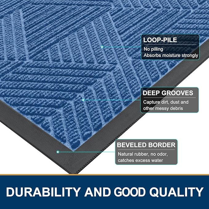 Smiry Front Door Mat Outside Entrance, Heavy Duty Sturdy Natural Rubber Doormat, Trap Dirt and Moisture, Easy Clean Low Profile Welcome Floor Mats for Indoor Outdoor Entry, 35X23 Inch, Blue