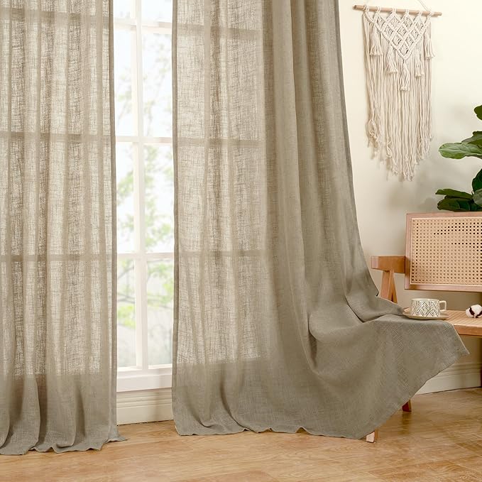 LAMIT 95 Inches Long Linen Curtains for Living Room, Back Tab and Rod Pocket Semi Sheer Curtains Light Filtering Farmhouse Drapes for Bedroom/Dining Room, Taupe, Set of 2, 52 x 95 Inch