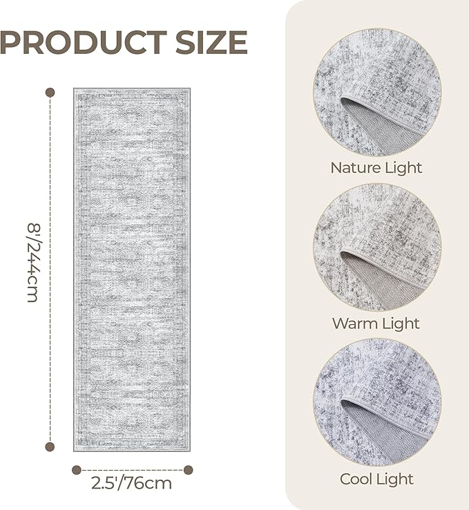 Kitchen Runner Rug Non Slip - 2.5 x 8 Runners for Hallways, Entryway, Bedroom, Washable Runner Rugs for Bathroom, Laundry Room, Low Pile Soft Vintage Area Rug(2.5'x8', Grey/Ivory)