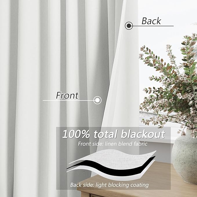 Guken White 100% Blackout Linen Curtains 52 Inch Wide by 136 Inch for Living Room Bedroom Back Tab Thermal Insulated Black Out Linen 2 Drapes Room Darkening Window Curtains