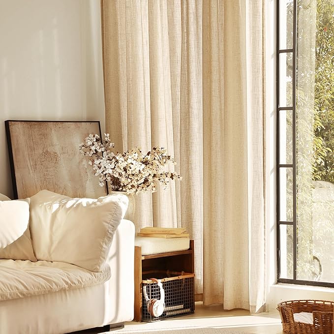 Tan Linen Curtains 90 inches Long for Living Room Back Tab Rustic Farmhouse Semi Sheer Light Filtering Window Curtain Dining Room Soft Thick Flax Linen Textured Drapes Kahki 52x90