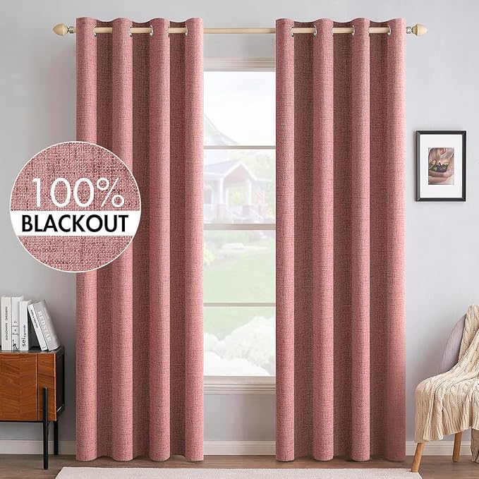 MIULEE 100% Blackout Linen Textured Curtains for Bedroom Solid Thermal Insulated Dusty Rose Grommet Room Darkening Curtains & Drapes Luxury Decor for Living Room Nursery 52 x 96 Inch (2 Panels)