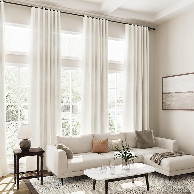 Cream Linen Curtains 133 Inches Long for Living Room Extra Long Back Tab Curtains Neutral Farmhouse Light Filtering Semi Sheer Linen Drapes Ceiling to Floor for Large Window 2 Panels Set 52x133