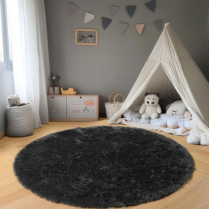 ONASAR Black Round Rugs 7ft for Living Room, Fluffy Bedroom Circle Area Rug, Soft Plush Shaggy Carpet for Kids Girls Boys Teen Nursery Dorm Classroom Playroom Home Decor Aesthetic