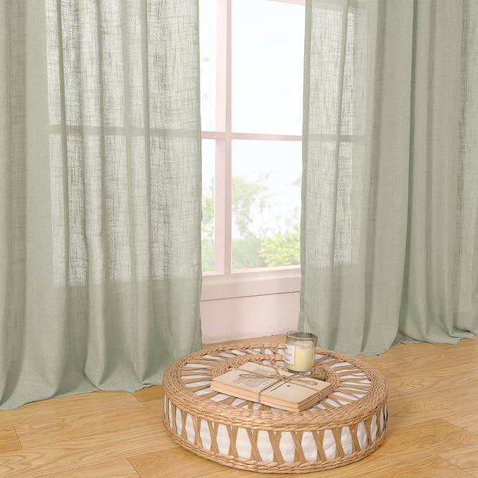 LAMIT 40 Inch Length Linen Curtains for Small Windows, Semi Sheer Light Filtering Panels Back Tab and Rod Pocket Neutral Drapes for Basement/Window/Loft Room, Sage Grey, 2 Panels, 34 x 40 Inch
