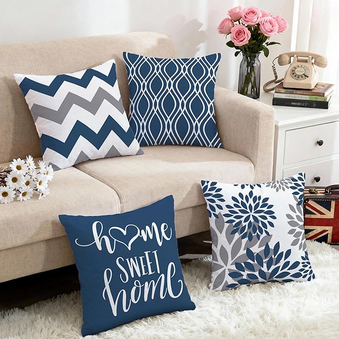 Hexagram Geometric Blue Pillow Covers 20x20 Set of 4, Decorative Outdoor Boho Modern Throw Pillow Covers, Home Sweet Home Farmhouse Cushion Case for Couch Sofa Bedroom Indoor Decor(No Insert)