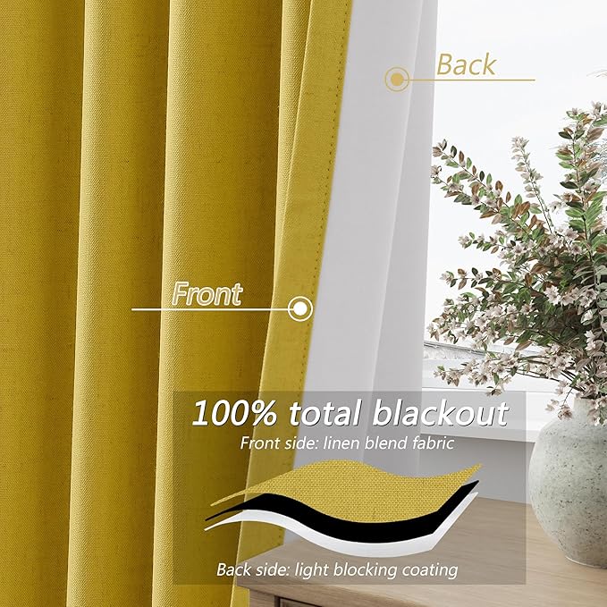 Guken 100% Blackout Curtains 108 Inch Length 2 Panels Set for Living Room Bedroom Back Tab Thermal Insulated Black Out Linen Drapes Room Darkening Celery Yellow,52x108