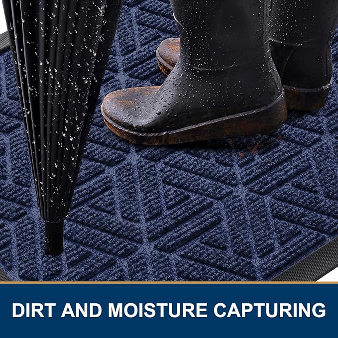 Smiry Front Door Mat Outside Entrance, Heavy Duty Sturdy Natural Rubber Doormat, Trap Dirt and Moisture, Easy Clean Low Profile Mats for Indoor Outdoor Entry, Grid Geometric (59x23, Navy Blue)