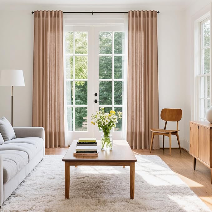 Nanspring Peach Linen Curtains 96 Inches Long Set for Baby Girl Bedroom Back Tab Rod Pocket Semi Sheer Light Filtering Drape for Bedroom Home Decor Protect Privacy 52x96,2 Panels