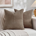 Fancy Homi Set of 2, Light Brown Patchwork Corduroy Decorative Soft Striped Modern Accent Cushion Case Farmhouse Boho Neutral Throw Pillow Covers for Chair Couch Bed Sofa Living Room 28x28 Inch