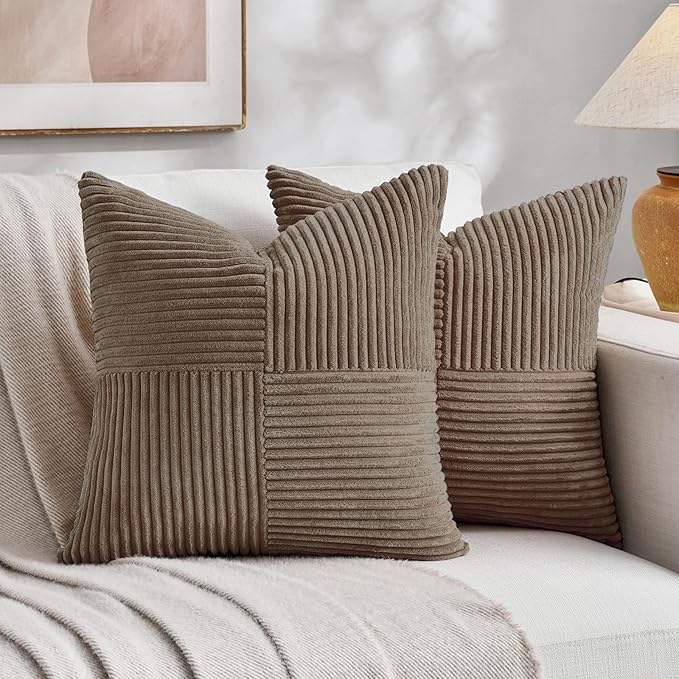 Fancy Homi Set of 2, Light Brown Patchwork Corduroy Decorative Soft Striped Modern Accent Cushion Case Farmhouse Boho Neutral Throw Pillow Covers for Chair Couch Bed Sofa Living Room 28x28 Inch