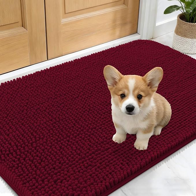 OLANLY Dog Door Mat for Muddy Paws 30x17, Absorbs Moisture and Dirt, Absorbent Non-Slip Washable Doormat, Quick Dry Chenille Mud Mat for Dogs, Entry Indoor Entryway Carpet for Inside Floor, Burgundy