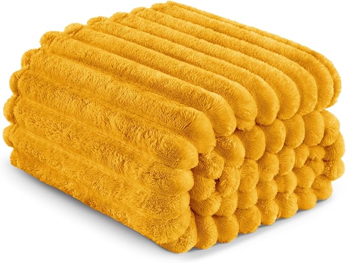 Exclusivo Mezcla King Size Flannel Fleece Blanket, Super Soft Striped Jacquard Bed Blanket, Lightweight Fuzzy Cozy for All Seasons, 90x104 Inches, Mustard Yellow