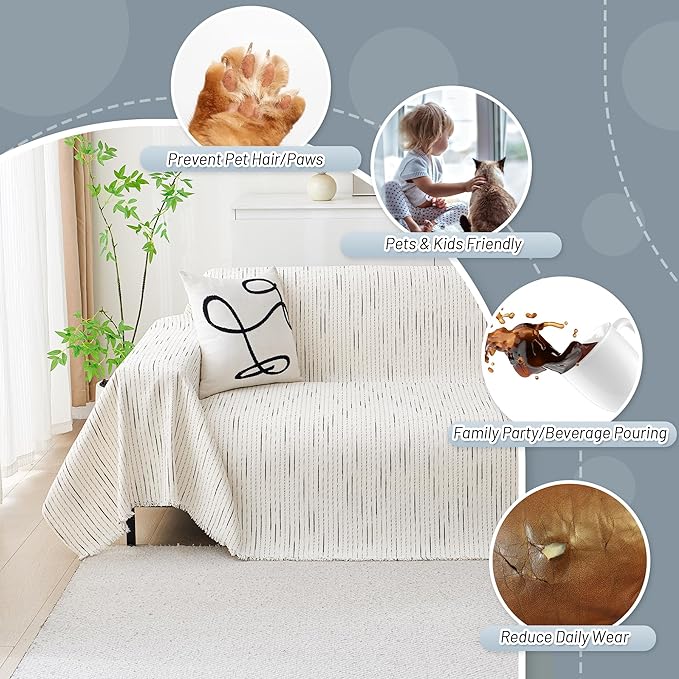 MYSKY HOME Couch Cover for Dogs, Sectional Couch Cover, Beige Lines Sofa Covers for Sectional Sofa L Shape Chenille Couch Protector for Dogs Pets Couch Covers Washable Soft Throw, 91"X150"