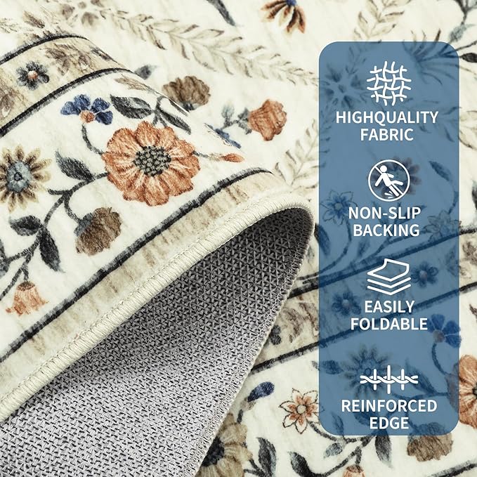 GarveeHome Living Room Rug 5x7 Rug Machine Washable Stain Resistant Area Rug Non Slip Floral Vintage Low Pile Rugs for Living Room, Bedroom, Farmhouse, Dining Room, Kids PlayroomBeige Sand