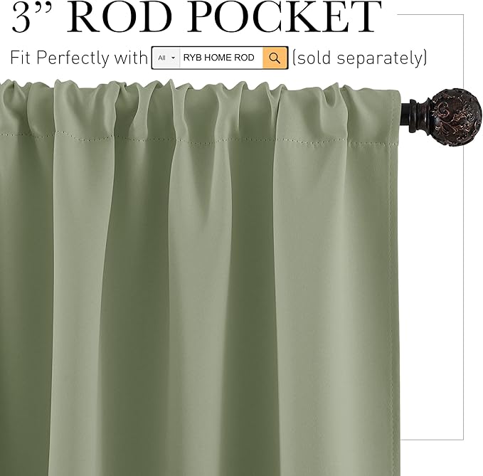 RYB HOME Kitchen Blackout Curtains Over Sink 36 inch Length, Rod Pocket Summer Light UV Blocking Energy Efficient, Cabinet Shelf Cupboard Coverings, Width 29 by Length 36, Sage Green, 2 Panels