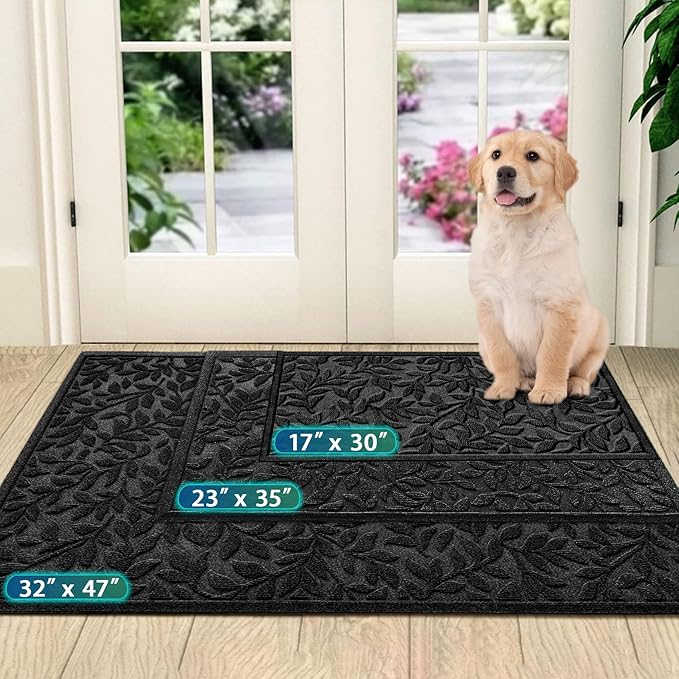 Bulijojo Sturdy Front Entrance Doormats,Durable Heavy Duty Welcome Mat,Thick Absorbent Natural Rubber Non Slip Mat,Easy Clean Entryway Mat Leaves Black 23"x35"