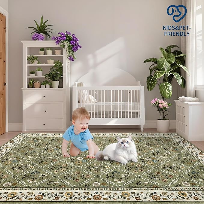 Runner Rug for Hallway Entryway 2.5x8 Farmhouse Floral Non-Slip Machine Washable Kitchen Rug Runner Non-Shedding Low-Pile Soft Long Carpet for Entrance Laundry Room Green