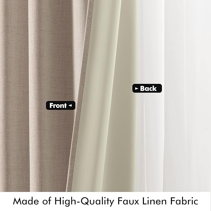 MIULEE 100% Blackout Linen Curtains for Bedroom, Beige Solid Luxury Decor Thermal Insulation Room Darkening Drapes for Living Room Nursery Back Tab Rod Pocket 42 x 90 Inches, 2 Panels