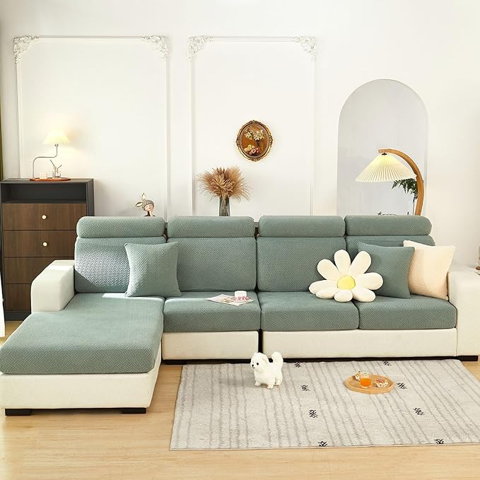 Sofa Covers Couch Covers for Sofa Pet Friendly Couch Cushion Covers Universal Sofa Covers Washable Stretch Slipcovers for Sectional Sofa (Texture Green, 2 Seats + Chaise Cover)