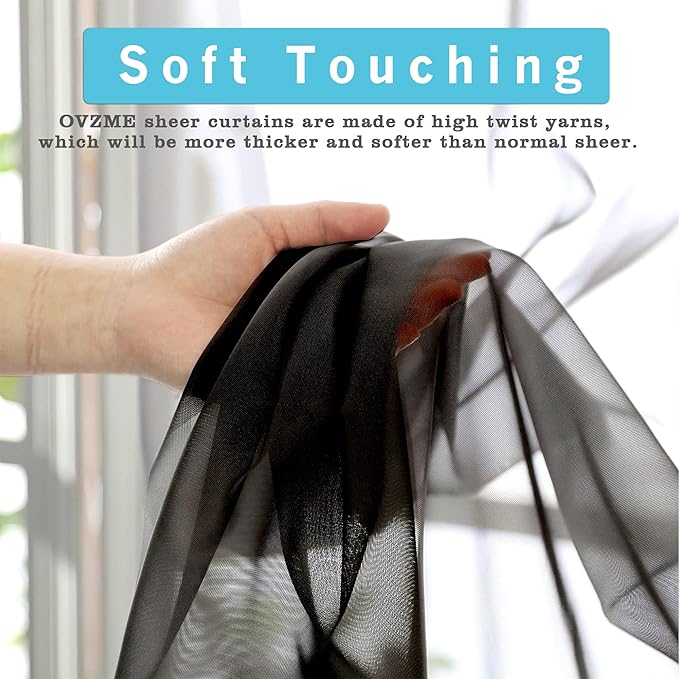 OVZME 45 Inches Length Black Sheer Curtains for Small Windows Rod Pocket 2 Panels Set, Lightweight & Breathable & Soft Touching Voile Panels for Kitchen, Each 42" Wx45 L, Black